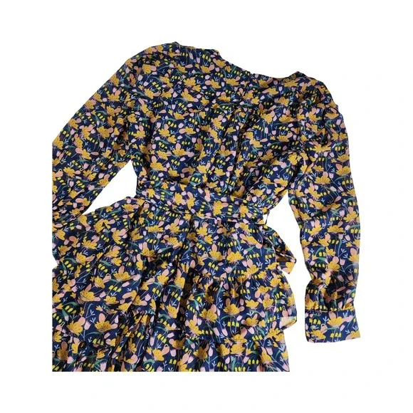 Kendall + Kylie Floral Ruffle Mini Dress Navy Blue Yellow Pink Long Sleeve 12/14 - Picture 8 of 9